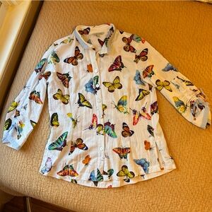 John Mark Butterfly Print Wire Collar 3/4 Sleeve Button Front Tunic, S, EUC!